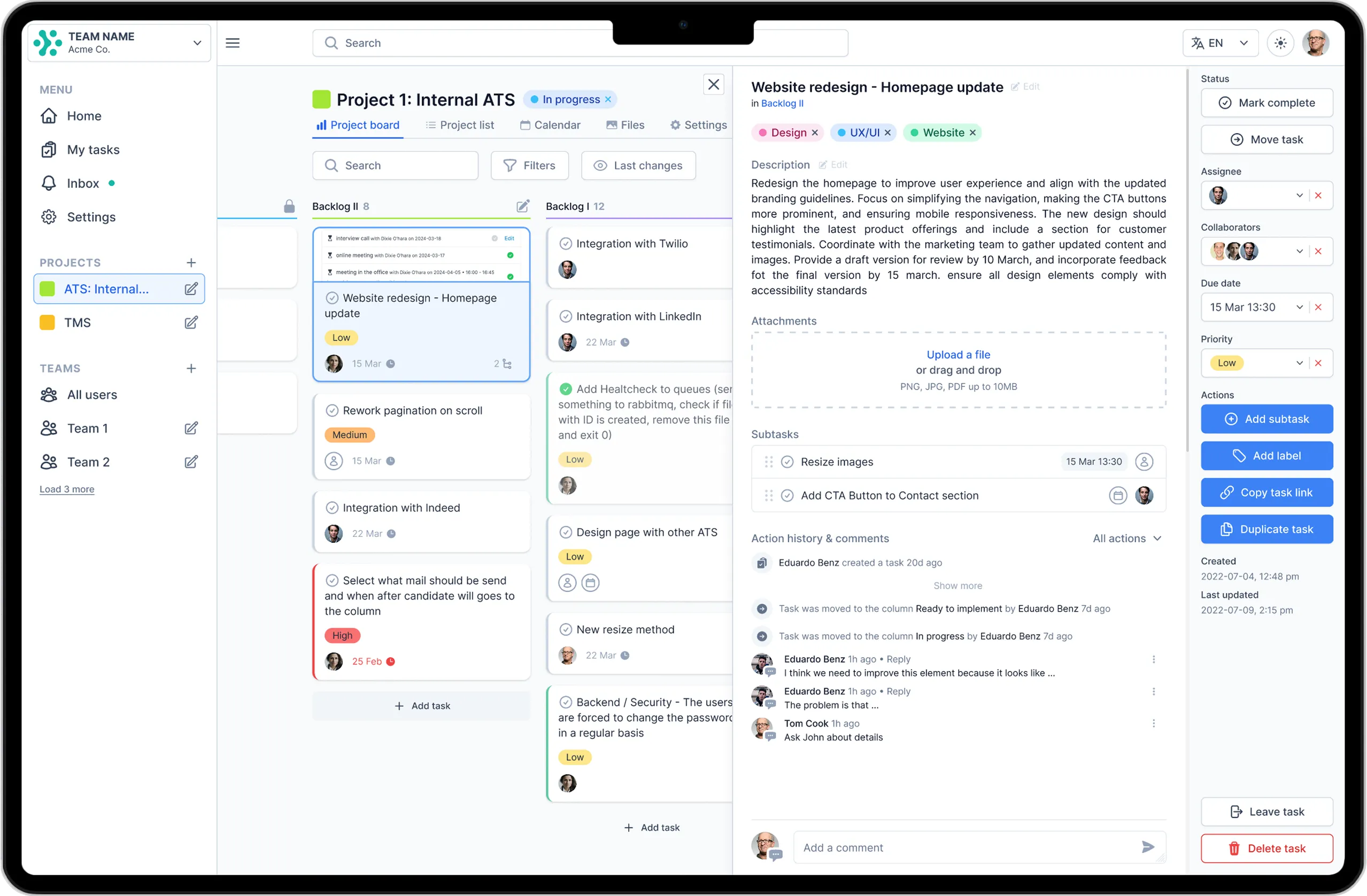 Widok pulpitu tablicy projektów i panelu zadań Projectlify