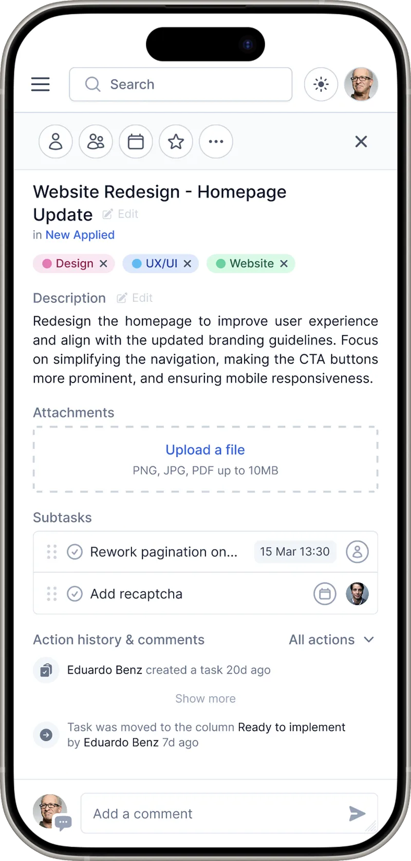 Mobilny widok zadań w Projectlify